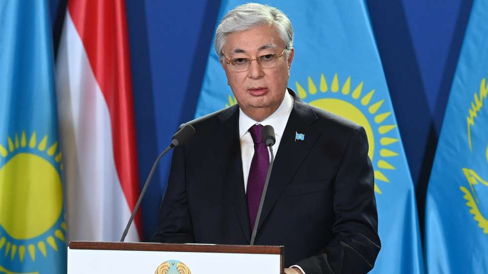 epa11731653 Kazakh President Kassym-Jomart Tokayev speaks during his joint press conference with Hungarian Prime Minister Viktor Orban (not pictured) at the Prime Minister's office, the former Carmelite Monastery in Budapest, Hungary, 20 November 2024.  EPA/ZOLTAN MATHE HUNGARY OUT