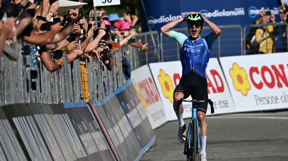 epa12145356 French rider Nicolas Prodhomme of Decathlon AG2R La Mondiale Team celebrates winning the 19th stage of the Giro d'Italia cycling race over 166 km from Biella to Champoluc, Italy, 30 May 2025.  EPA/LUCA ZENNARO