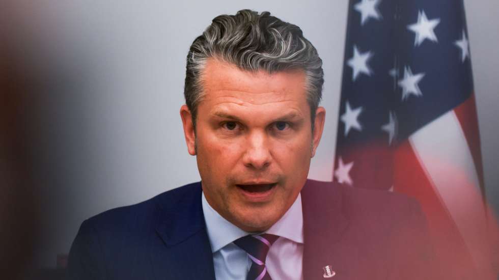 epa12455670 US Secretary of Defense Pete Hegseth speaks during the Ukraine Defence Contact Group meeting after a meeting of NATO defence ministers at the NATO headquarters in Brussels, Belgium, 15 October 2025.  EPA/OLIVIER HOSLET
