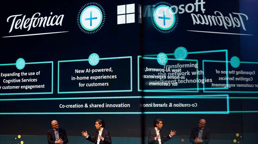 epa07397234 Microsoft CEO, Indian Satya Nadella (L), and Telefonica President, Jose Maria Alvarez Pallete (2L), during the 19th edition of the Mobile World Congress (MWC) in Barcelona, northeastern Spain, 25 February 2019. International leading technology companies? will present the most innovative products and services in the MWC19, which will take place from 25 to 28 February 2019 at Fira Barcelona Montjuic.  EPA/Toni Albir