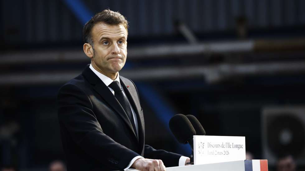 epa12789836 French President Emmanuel Macron delivers a speech at the Nuclear submarines Navy base of Ile Longue in Crozon, near Brest, France, 02 March 2026.  EPA/YOAN VALAT / POOL