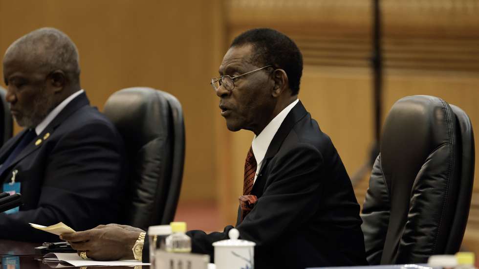epa11375158 President of Equatorial Guinea Teodoro Obiang Nguema Mbasogo (R) and Chinese President Xi Jinping (not pictured) attend a meeting at the Great Hall of the People in Beijing, China, 28 May 2024.  EPA/TINGSHU WANG / POOL