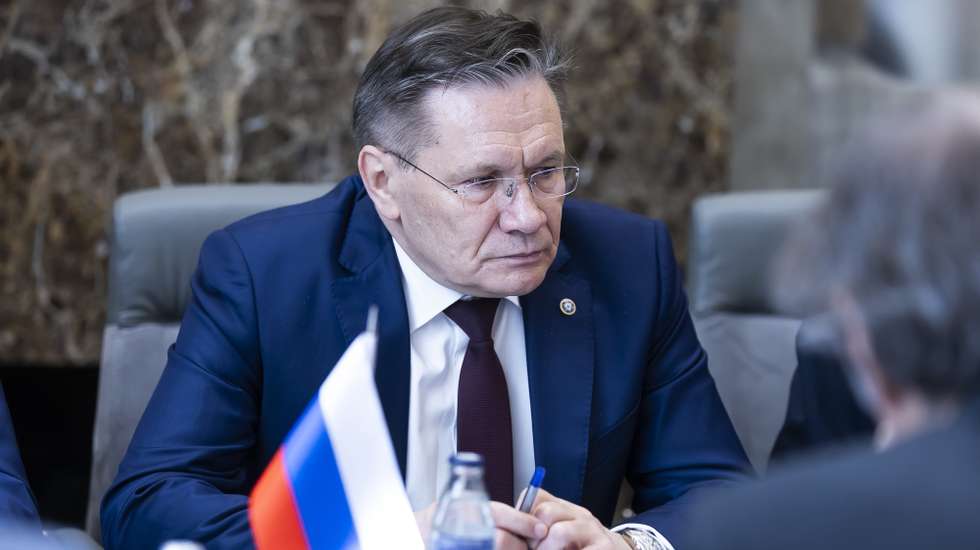 epa11375375 A handout picture made available by Rosatom press service shows Rosatom Director General Alexey Likhachev speaking with International Atomic Energy Agency (IAEA) Director General Rafael Grossi (not pictured) during interdepartmental consultations between Russia and IAEA, in Kaliningrad, Russia, 28 May 2024. The consultations focused on nuclear safety and security of the Zaporizhzhia Nuclear Power Plant. Alexey Likhachev said that the Russian side will continue to actively work on ensuring safe operation of the NPP against the background of relentless Ukrainian provocations.  EPA/ROSATOM PRESS SERVICE HANDOUT  HANDOUT EDITORIAL USE ONLY/NO SALES HANDOUT EDITORIAL USE ONLY/NO SALES