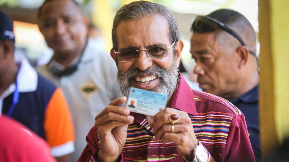 Prime Minister of Timor-Leste Taur Matan Ruak  wait in line to cast his vote during the parliamentary election at a polling station in Dili, East Timor, also known as Timor Leste, 21 May 2023. Seventeen Parties are contesting in the fifth elections in East Timor scheduled for 21 May, which may take several days to be counted. More than 890,000 voters are registered for the vote, in which the 65 members of the National Parliament will be chosen. ANTONIO SAMPAIO/LUSA