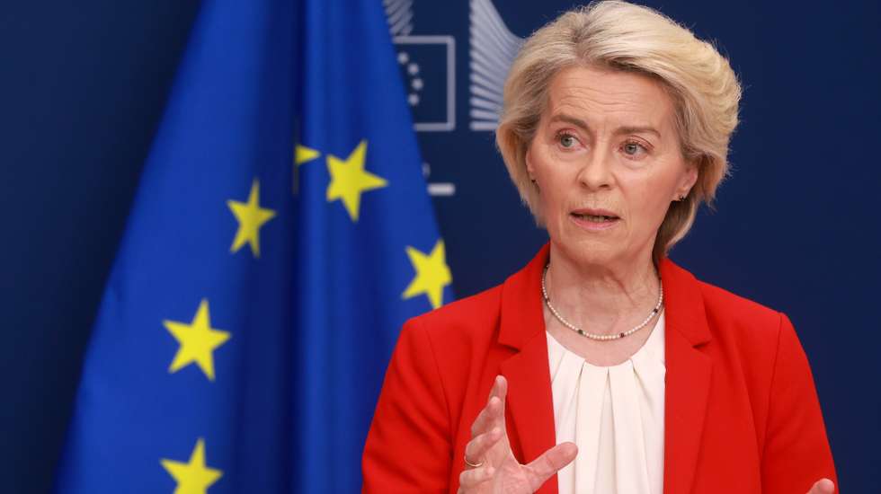 epa12416140 President of the European Commission Ursula von der Leyen gives press statements with NATO Secretary General Mark Rutte (not pictured) ahead of the weekly meeting of the College of Commissioners in Brussels, Belgium, 30 September 2025. Rutte participates in a discussion on defense and security issues with the College of European Commissioners.  EPA/OLIVIER HOSLET