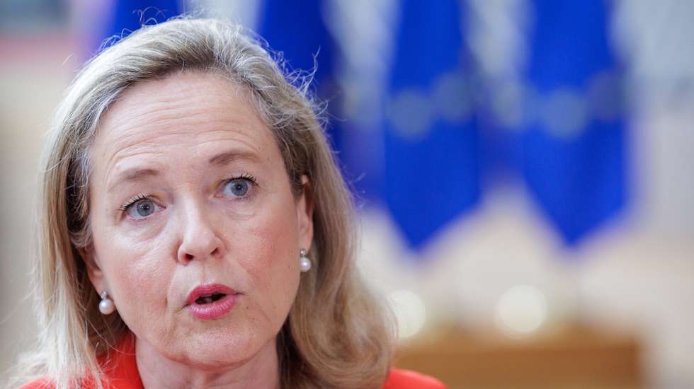 epa12223819 Nadia Calvino, President of the European Investment Bank (EIB), speaks to the media during an EU Economic and Financial Affairs Council (ECOFIN) meeting in Brussels, Belgium, 08 July 2025.  EPA/OLIVIER MATTHYS