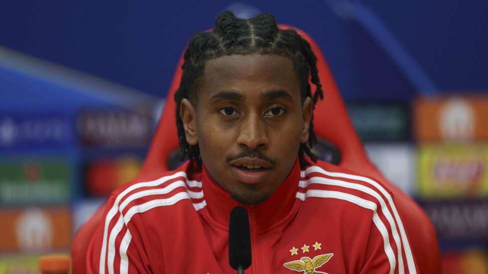 Benfica soccer player Leandro Barreiro during the press conference prior to tomorrows UEFA Champions League match against Napoles. Benfica Campus at Seixal, outskirts of Lisbon, 9 of December 2025. MIGUEL A. LOPES/LUSA