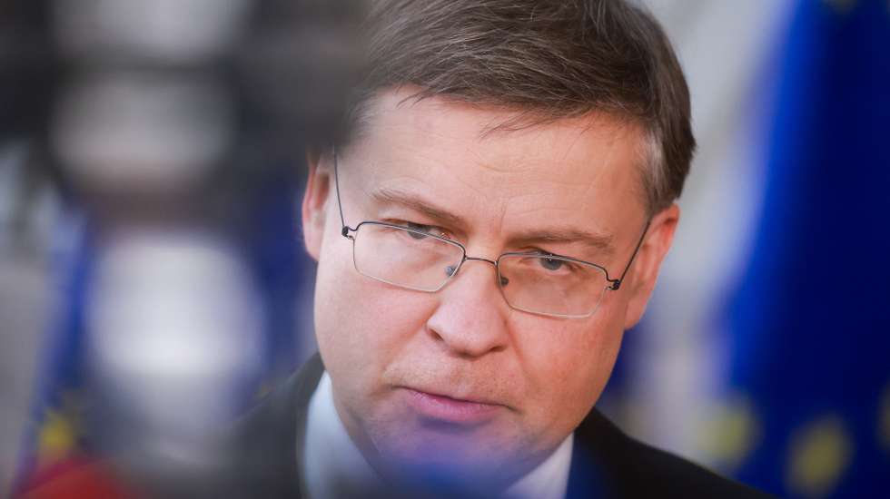 epa12807173 European Commissioner for Economy and Productivity Valdis Dombrovskis speaks to the media at a Eurogroup finance ministers meeting in Brussels, Belgium, 09 March 2026. Ministers were to discuss macroeconomic developments in the euro area, assess the Belgian draft budgetary plan for 2026, and discuss energy prices and the potential impact of Middle East tensions on the euro area economy.  EPA/OLIVIER HOSLET