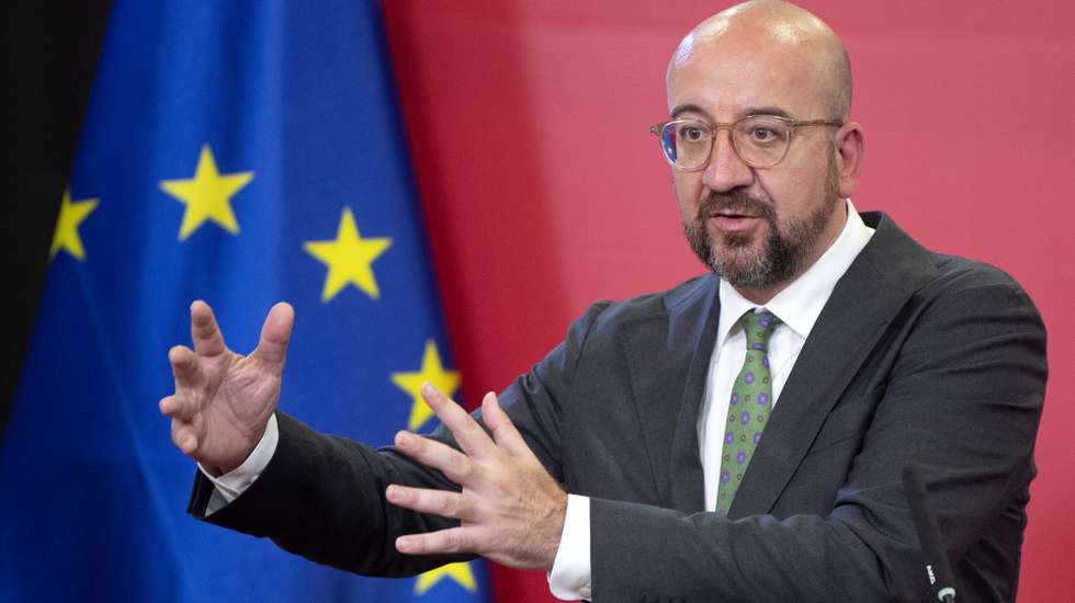 epa10053361 President of the European Council Charles Michel and North Macedonia's Prime Minister Dimitar Kovacevski (not pictured) address a joint press conference following their meeting in Skopje, Republic of North Macedonia, 05 July 2022. Michel is on a one-day work visit to North Macedonia.  EPA/GEORGI LICOVSKI