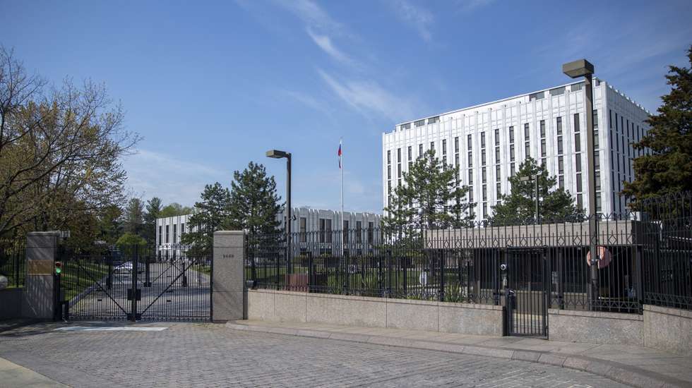 epa09137583 The Russian Embassy in Washington, DC, USA, 15 April 2021. On 15 April, the Biden administration has announced new sanctions on Russia, including the expulsion of 10 diplomats working in Washington, and officially blamed a Russian intelligence agency for hacking operations into US government agencies and large US businesses.  EPA/SHAWN THEW