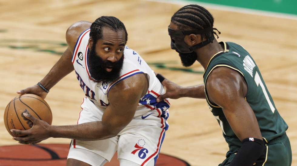 epa10618405 Philadelphia 76ers guard James Harden (L) looks get around Boston Celtics guard Jaylen Brown (R) during the second quarter of game five of the NBA Eastern Conference semifinals series between the Philadelphia 76ers and the Boston Celtics at TD Garden in Boston, Massachusetts, USA, 09 May 2023.  EPA/CJ GUNTHER  SHUTTERSTOCK OUT