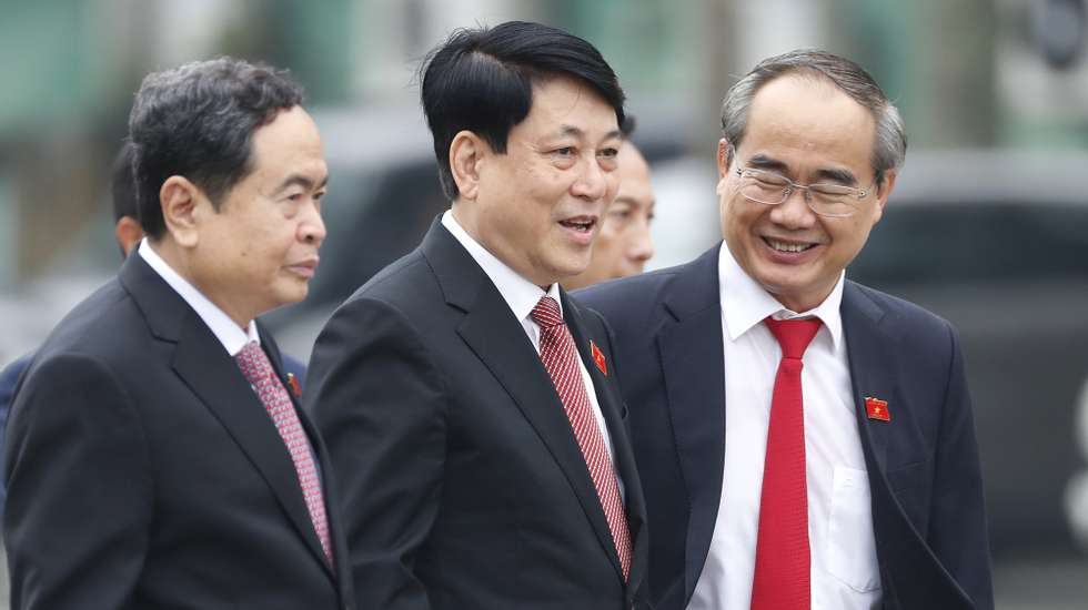 epa11354529 Standing member of the Secretariat General Luong Cuong (C) and Vice Chairperson of the National Assembly Tran Thanh Man (L) walk ahead of the 7th session of the National Assembly&#039;s 15th tenure, in Hanoi, Vietnam 20 May 2024. Vietnam&#039;s Communist Party Central Committee nominated Man as Chairperson of the National Assembly, with the voting taking place during the session.  EPA/LUONG THAI LINH