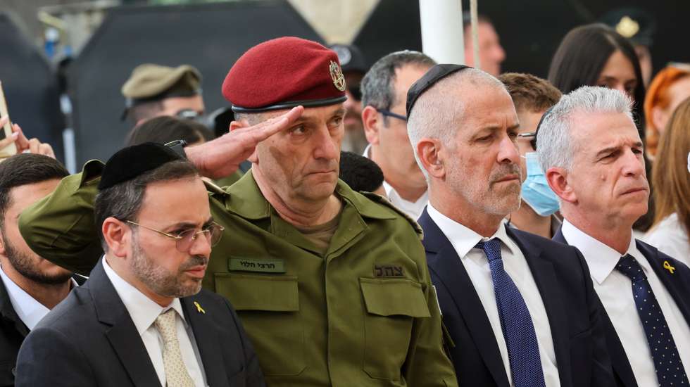 epa11687165 Chief of the General Staff Lieutenant-General Herzi Halevi (C), the Director the Security Agency Ronen Bar (C-R) and Israel's Chief of the Mossad David Barnea (R) attend a memorial ceremony marking the Hebrew calendar's one-year anniversary of the Hamas attack that sparked the ongoing war in Gaza, at the Mount Herzl military cemetery in Jerusalem, 27 October 2024. More than 42,900 Palestinians and over 1,400 Israelis have been killed, according to the Palestinian Health Ministry and the Israel Defense Forces (IDF), since Hamas militants launched an attack against Israel from the Gaza Strip on 07 October 2023, and the Israeli operations in Gaza and the West Bank which followed it.  EPA/GIL COHEN-MAGEN / POOL