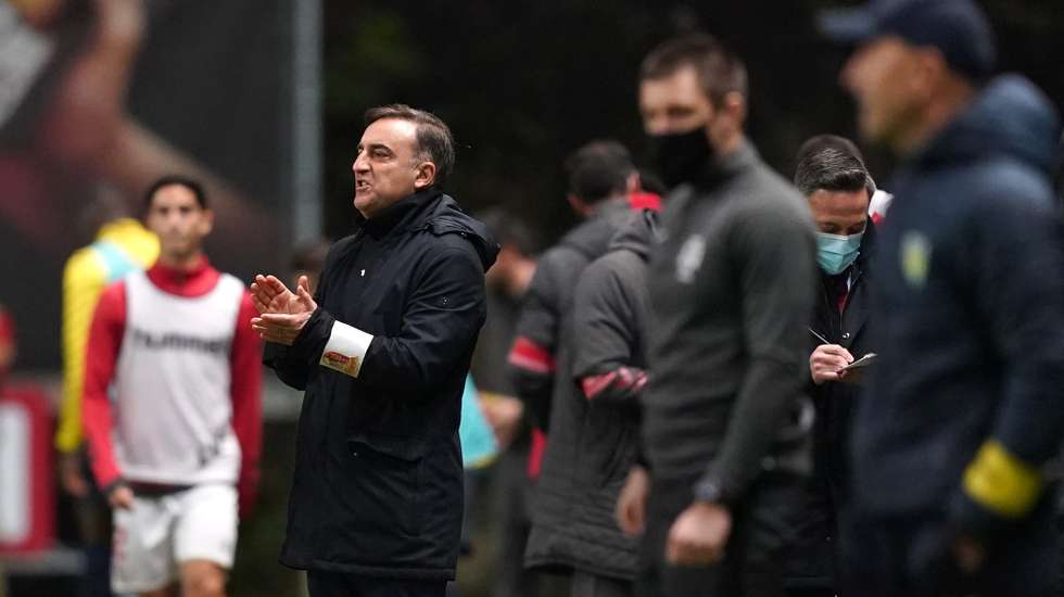 SC Braga's head coach Carlos Carvalhal reacts during the Portuguese First League soccer match, SC Braga vs Tondela, held at Municipal de Braga stadium in Braga, Portugal, 21 February 2021. HUGO DELGADO/LUSA