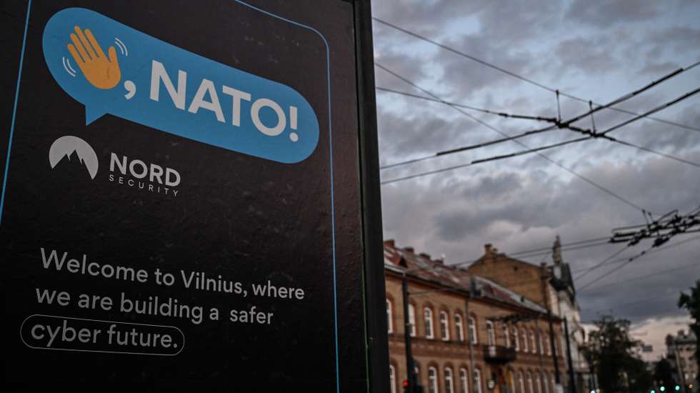 epa10735143 A poster promoting NATO on display in central Vilnius, Lithuania, 08 July 2023. The NATO Summit will take place in Vilnius on 11 and 12 July 2023.  EPA/FILIP SINGER