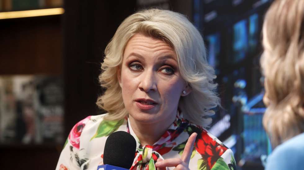 epa11393109 Russian Foreign Ministry's spokeswoman Maria Zakharova speaks as she attends the St. Petersburg International Economic Forum (SPIEF) in St. Petersburg, Russia, 06 June 2024. The 27th St.Petersburg International Economic Forum takes place in St. Petersburg from 05 until 08 June 2024.  EPA/ANATOLY MALTSEV