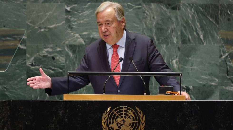 epa11622352 United Nations (UN) Secretary-General Antonio Guterres gestures as he speaks during the General Debate of the 79th session of the United Nations General Assembly at United Nations Headquarters in New York, New York, USA, 24 September 2024. The annual high-level General Debate gathers world leaders from 24 to 28 September, and 30 September under the theme, 'Leaving no one behind: acting together for the advancement of peace, sustainable development and human dignity for present and future generations'.  EPA/JUSTIN LANE