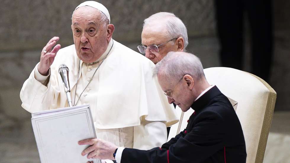 epa11818092 Pope Francis leads the Jubilee Audience at the Paul VI Hall, Vatican City, 11 January 2025.  EPA/ANGELO CARCONI