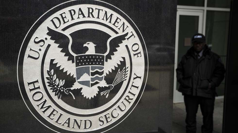 epa11964794 A general view of the Department of Homeland Security Seal at the Immigration and Customs Enforcement (ICE) headquarters during a protest calling for the release of arrested Palestinian student protester Mahmoud Khalil in Washington, DC, USA, 14 March 2025. Last week in New York, federal agents arrested Khalil, an American green card holder who led protests against Israel's operations in Gaza at Columbia University last year, and then quickly transferred him to Louisiana for deportation proceedings.  EPA/GRAEME SLOAN