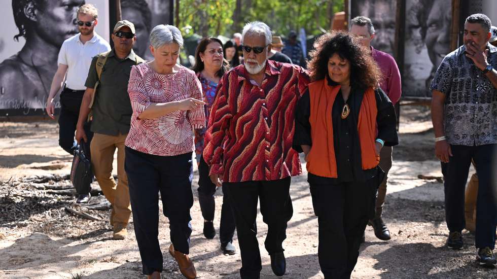 epa13144961 Penny Wong (C-L), Minister for Foreign Affairs, Kay Rala Xanana Gusmão (C), Prime Minister of the Democratic Republic of Timor-Leste and Malarndirri McCarthy (C-R), Minister for Indigenous Australians arrive to the Key Forum as part of the 26th annual Garma Festival in Gulkula, Northern Territory, Australia, 01 August 2026. The Garma Festival takes place on the remote northeast Arnhem Land, celebrating Yolngu culture and customs in a four-day event hosted by the Yothu Yindi Foundation.  EPA/JAMES ROSS NO ARCHIVING - VISUALS FROM THE YYF GARMA 26TH ANNIVERSARY ARE STRICTLY FOR NEWS AND CURRENT AFFAIRS COVERAGE ONLY. VISUALS MUST NOT BE USED FOR PROMOTIONAL, ADVERTISING, COMMERCIAL, FUNDRAISING OR ANY OTHER PURPOSE AUSTRALIA AND NEW ZEALAND OUT