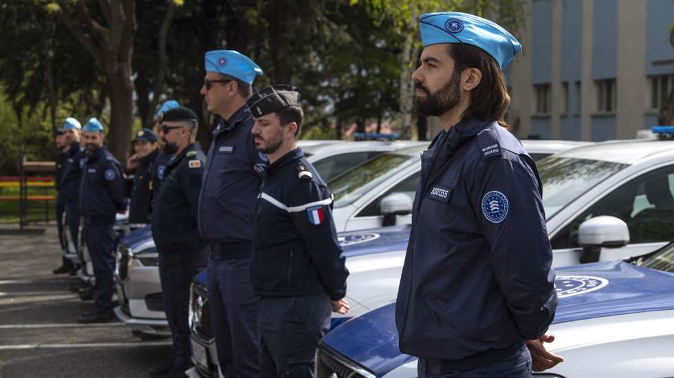 epa10581573 Members of FRONTEX line up during the official launch ceremony of the FRONTEX Joint Operation in Skopje, Republic of North Macedonia, 20 April 2023. It is planned that in 2023, FRONTEX will deploy more than 100 officers, patrol vehicles and special equipment on the Macedonian-Greek border, which will significantly increase the capacity to detect illegal activities along the border, while respecting and protecting the basic rights of every person.  EPA/GEORGI LICOVSKI