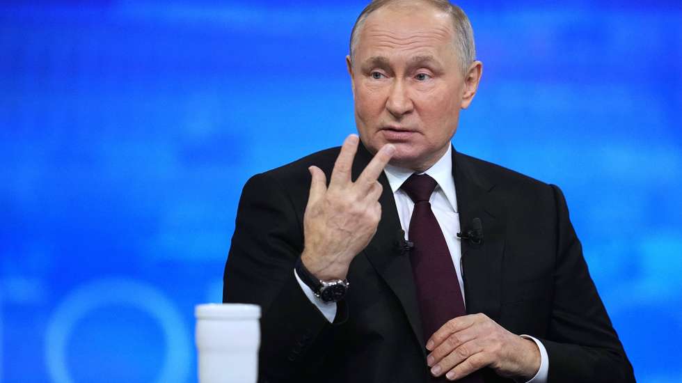 epa11028707 Russian President Vladimir Putin gestures as he answers questions during his annual press conference with Russian federal, regional, and foreign media at the Gostiny Dvor forum hall in Moscow, Russia, 14 December 2023. Russian President Vladimir Putin on 14 December holds his end-of-year press conference, followed by the 'Direct Line with Vladimir Putin' televised event, where he will answer citizens' questions focusing on domestic issues. The President's Big Press Conference is an annual event that has been held since 2001. This year the format is combined 'Direct Line' (questions from citizens) and 'Big Press Conference' (questions from journalists). The event takes place months before the presidential election scheduled for 17 March 2024, in which Putin decided to run for re-election.  EPA/ALEXANDER ZEMLIANICHENKO / POOL
