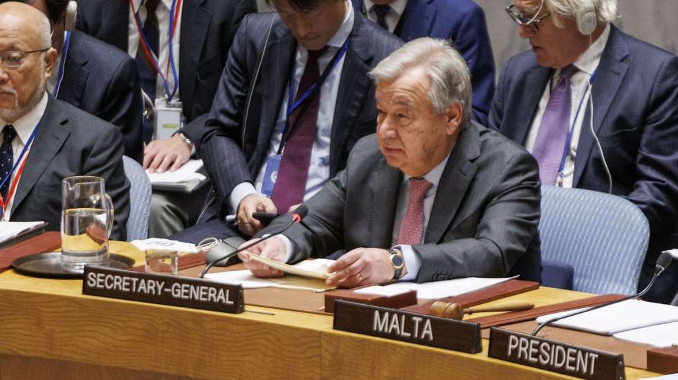 epa11286556 Secretary General of the United Nations Antonio Guterres (R-front row) speaks during a Security Council meeting at United Nations Headquarters in New York, New York, USA, 18 April 2024.  EPA/SARAH YENESEL