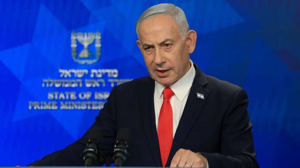 epa13039734 Israeli Prime Minister Benjamin Netanyahu holds a news conference in Jerusalem, 15 June 2026, following the announcement of a US-Iran mediated preliminary framework to end regional military hostilities.  EPA/RONEN ZVULUN / POOL