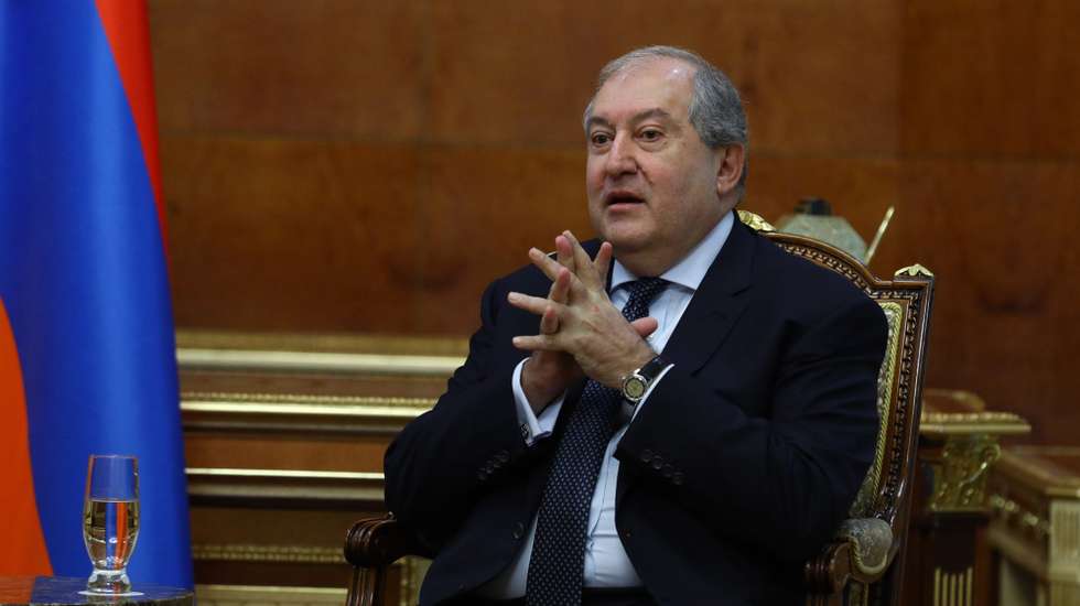 epa08832523 A handout photo made available by the Russian Foreign Affairs Ministry shows Armenian President Armen Sarkissian speaks during a meeting with Russian Foreign Minister Sergei Lavrov, in Yerevan, Armenia, 21 November 2020. Sergei Lavrov is on a working visit to Yerevan.  EPA/RUSSIAN FOREIGN AFFAIRS MINISTRY / HANDOUT MANDATORY CREDIT HANDOUT EDITORIAL USE ONLY/NO SALES