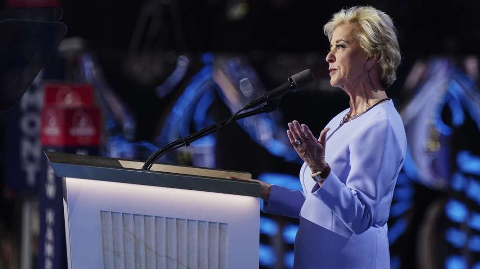 epa11486415 Linda McMahon, former head of the Small Business Administration, delivers remarks during the final day of the Republican National Convention (RNC) at the Fiserv Forum in Milwaukee, Wisconsin, USA, 18 July 2024. The convention comes just a few days after a 20-year-old Pennsylvania man attempted to assassinate former President and current Republican presidential nominee Donald Trump. The RNC is being held 15 to 18 July 2024 and is where delegates from the Republican Party select their nominees for president and vice president in the 2024 US presidential election.  EPA/SHAWN THEW