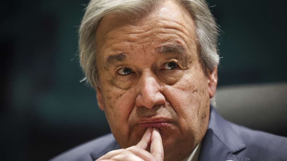 epa10473162 United Nations Secretary-General Antonio Guterres attends a meeting at the start of the African Union Summit in Addis Ababa, Ethiopia, 17 February 2023. The African Union Summit runs until 19 February.  EPA/JOSE SENA GOULAO
