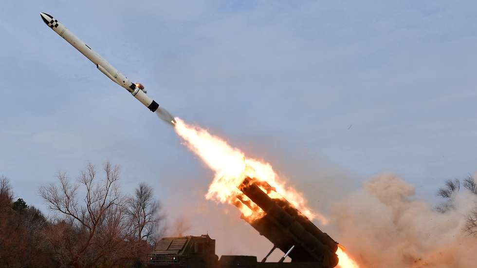 epa10539854 A photo released by the official North Korean Central News Agency (KCNA) shows a cruise missile being launched during an exercise conducted in Jakdo-dong, South Hamgyong Province, North Korea, 22 March 2023 (issued 24 March 2023). According to North Korean state media, the test involved two Hwasai-1 and two Hwasai-2 strategic cruise missiles, equipped with a 'test warhead simulating a nuclear warhead.'  EPA/KCNA   EDITORIAL USE ONLY