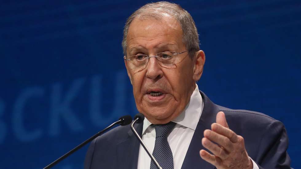 epa11438512 Russian Foreign Minister Sergei Lavrov delivers a speech at the 10th International Forum 'Primakov Readings - 2024' in Moscow, Russia, 26 June 2024. The Forum runs from 25 to 26 June.  EPA/MAXIM SHIPENKOV
