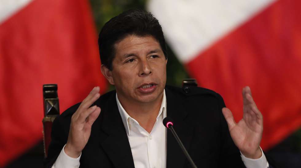 epa10237469 President of Peru, Pedro Castillo, speaks during a press conference, in Lima, Peru, 11 October 2022. Castillo assured that &#039;the execution of a new form of coup d&#039;Ã©tat has begun in Peru&#039;, after the Prosecutor&#039;s Office filed a constitutional complaint against him in Congress and ordered raids on the homes of several parliamentarians and his sister for an alleged case of corruption. Castillo gave these statements hours after the Public Ministry announced that the Attorney General of the Nation (general), Patricia Benavides, would file a constitutional complaint against Castillo in Congress for leading an alleged criminal organization in the Executive, as well as for drug trafficking, influences and complicity in an alleged case of collusion (fraud).  EPA/Paolo Aguilar