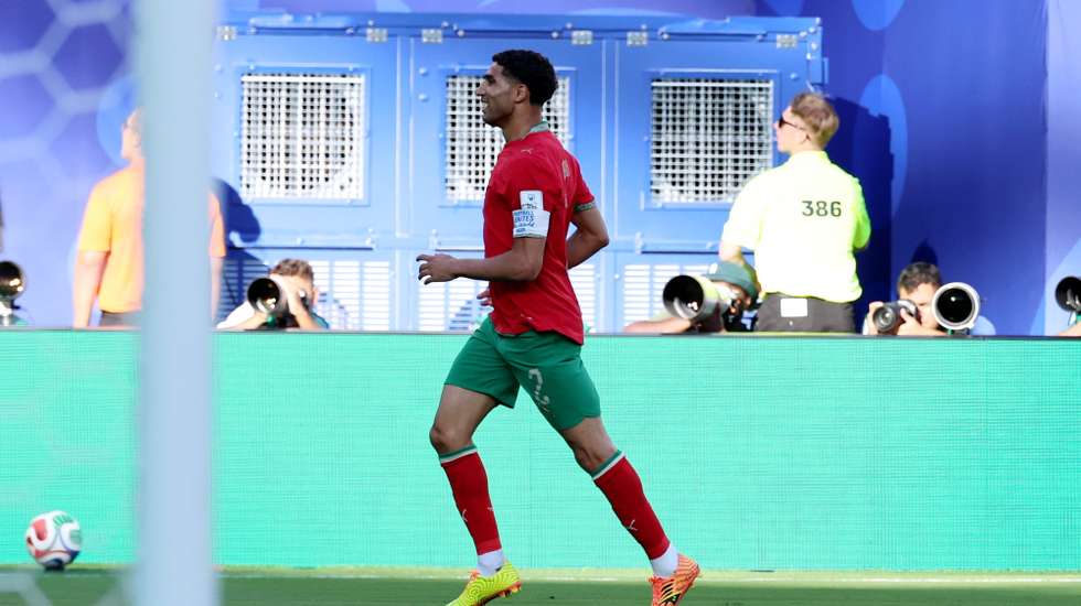 epa13035539 Achraf Hakimi of Morocco celebrates the 0-1 goal during the FIFA World Cup 2026 group stage match Brazil against Morocco, in East Rutherford, New Jersey, USA, 13 June 2026.  EPA/OLGA FEDOROVA