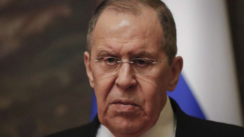 epa09803345 Russian Foreign Minister Sergei Lavrov answers a question at the press conference with Kyrgyzstan Foreign minister Ruslan Kazakbayev, during their meeting in Moscow, Russia, 05 March 2022. 'Ukrainian President Volodymyr Zelenskyy is trying to provoke a conflict between NATO and Moscow', Russian Foreign Minister Sergei Lavrov said.  EPA/SERGEI ILNITSKY