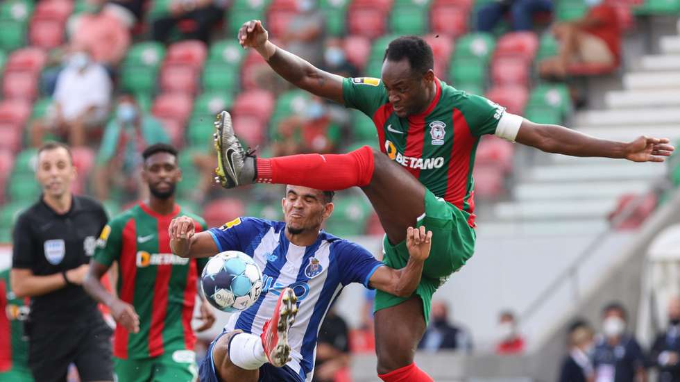 Maritimo's Zainadine (R) in action against FC Porto's Luis Diaz (2-R) during the Portuguese First League soccer match between Maritimo and FC Porto at Maritimo's stadium in Funchal, Madeira Island, Portugal, 22 August 2021. GREGORIO CUNHA/LUSA