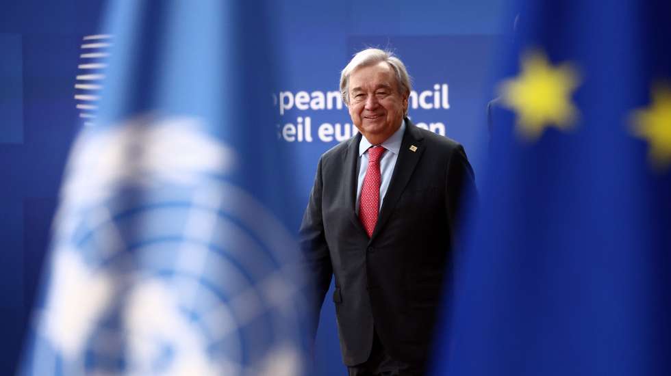 epa10538201 United Nations (UN) Secretary-General Antonio Guterres arrives for a EU Summit in Brussels, Belgium, 23 March 2023. EU leaders will meet for a two-day summit in Brussels to discuss the latest developments in relation to 'Russia's war of aggression against Ukraine' and continued EU support for Ukraine and its people. The leaders will also debate on competitiveness, single market and the economy, energy, external relations among other topics, including migration. Guterres will join the leaders for a working lunch on the first day.  EPA/STEPHANIE LECOCQ