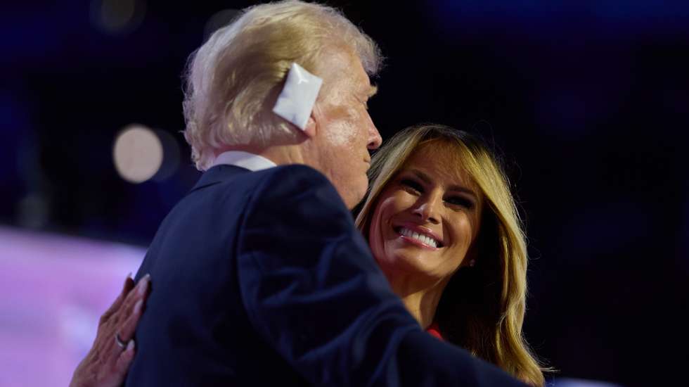 epaselect epa11486868 Republican presidential nominee Donald J. Trump (L) and his wife Melania Trump (R) react at the end of the fourth day of the Republican National Convention (RNC) at Fiserv Forum in Milwaukee, Wisconsin, USA, 18 July 2024. The convention comes days after a 20-year-old Pennsylvania man attempted to assassinate former president and current Republican presidential nominee Donald Trump. The 2024 Republican National Convention is being held from 15 to 18 July, in which delegates of the United States' Republican Party select the party's nominees for president and vice president in the 2024 United States presidential election  EPA/ALLISON DINNER  EPA-EFE/ALLISON DINNER