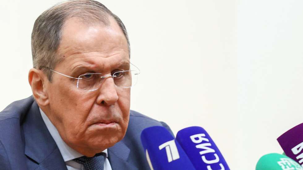 epa09989747 A handout photo made available by the press service of the Russian Foreign Affairs Ministry shows Russian Foreign Minister Sergei Lavrov attending a press conference after the 5th Gulf Cooperation Council (GCC) - Russia Joint Ministerial Meeting for Strategic Dialogue in Riyadh, Saudi Arabia, 01 June 2022.  EPA/RUSSIAN FOREIGN AFFAIRS MINISTRY / HANDOUT MANDATORY CREDIT HANDOUT EDITORIAL USE ONLY/NO SALES