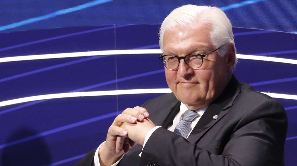 epa10024127 German President Frank-Walter Steinmeier listens during Presidents' Panel entitled 'The Three Seas Initiative: The Renewed Urgency and Opportunity of Connecting Europe' for the Three Seas Initiative Summit and Business Forum in Riga, Latvia, 20 June 2022. Latvia is hosting the Three Seas Summit and Business Forum in Riga on 20 and 21 June. The Three Seas Initiative (3SI) is a politically inspired, commercially driven platform aiming to strengthen infrastructure in the sectors of energy, digital and transport.  EPA/TOMS KALNINS