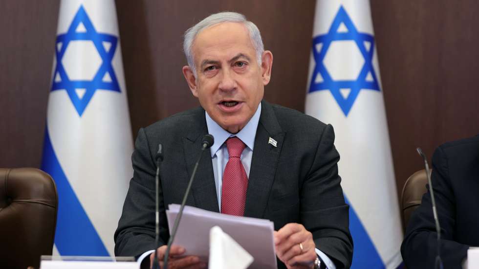 epa10531470 Israeli Prime Minister Benjamin Netanyahu attends a weekly cabinet meeting in the prime minister's office in Jerusalem, 19 March 2023. Nationwide protests against the government's judicial reform plans are being held for eleven weeks in a row. Israel's parliament passed a draft law limiting the power of the Israeli Supreme Court in a first reading on 14 March.  EPA/ABIR SULTAN / POOL
