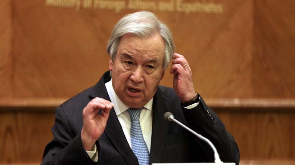 epa11242446 United Nations Secretary-General Antonio Guterres speaks during a press conference with Jordan&#039;s Foreign Minister (not pictured), in Amman, Jordan, 25 March 2024. Gutteres visited the Rafah border crossing between Gaza and Egypt on 23 March. The UN security Council is due, on 25 March, to vote again on a new resolution calling for an &quot;immediate&quot; ceasefire in Gaza, three days after another ceasefire resolution presented by the US had been vetoed by Russia and China.  EPA/MOHAMMAD ALI