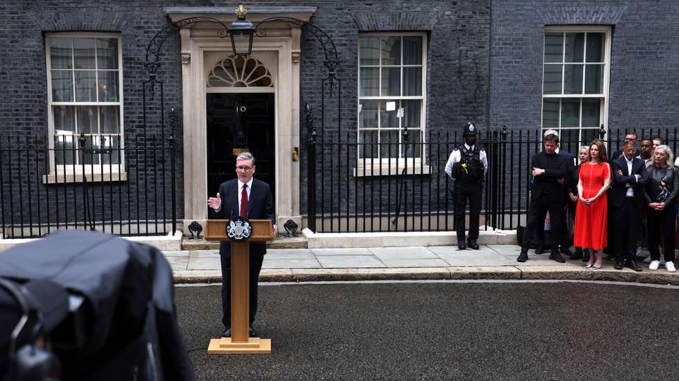 epa11459039 Britain's new Prime Minister Keir Starmer delivers his first speech outside 10 Downing Street in London, Britain, 05 July 2024. Labour party leader Keir Starmer became the country's new prime minister on 05 July, after his party won a landslide victory in the general election.  EPA/ANDY RAIN