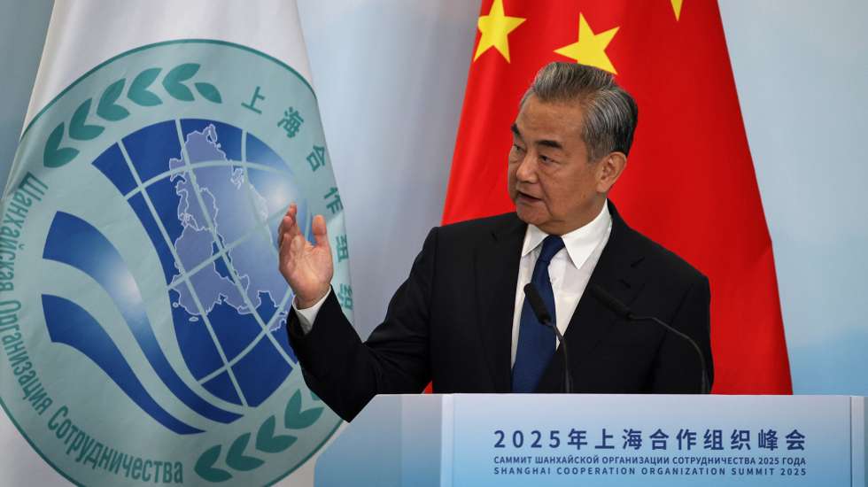 epa12342826 China's Minister of Foreign Affairs Wang Yi speaks during a press conference with SCO Secretary General Nurlan Yermekbayev(not pictured) at the end of the Shanghai Cooperation Organization (SCO) Summit 2025 in Tianjin, China, 01 September 2025. The summit was held in Tianjin on 31 August and 01 September.  EPA/ANDRES MARTINEZ CASARES