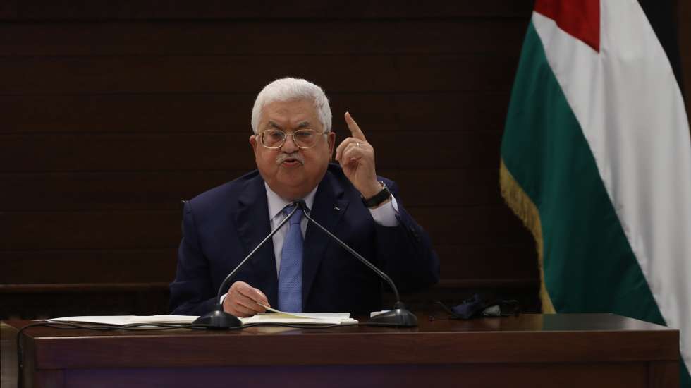 epa09163470 (FILE) - Palestinian President Mahmoud Abbas chairs a meeting with representatives of Palestinian factions at his headquarters, in the West Bank city of Ramallah, 03 September 2020 (reissued 27 April 2021). The Palestinian leadership is to to hold meetings about the general elections which are scheduled to be held on 22 May 2021 and would be the first in 15 years, the Palestinian Prime Minister confirmed on 26 April 2021. President Abbas earlier had said no general elections would be held without East Jerusalem residents.  EPA/ALAA BADARNEH / POOL *** Local Caption *** 56316963