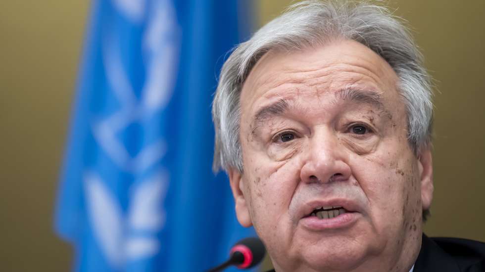 epa09167364 U.N. Secretary-General Antonio Guterres, speaks to the media, during a press conference about the end of a 5+1 Meeting on Cyprus, at the European headquarters of the United Nations in Geneva, Switzerland, 29 April 2021.  EPA/MARTIAL TREZZINI