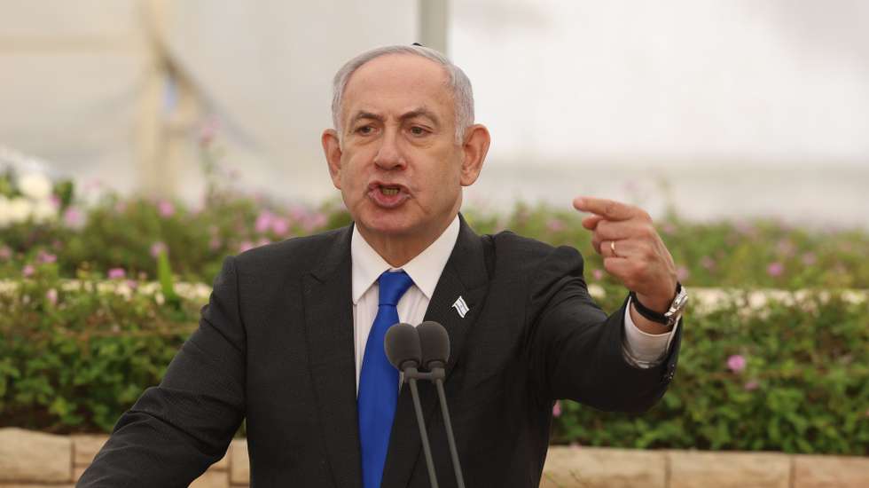 epa11420059 Israeli Prime Minister Benjamin Netanyahu attends the state memorial ceremony for the victims of the 1948 'Altalena Affair', at the Nahalat Yitzhak Cemetery in Tel Aviv, Israel, 18 June 2024. The weapons-laden cargo ship Altalena was involved in violent confrontations that erupted in June 1948 between the newly created Israel Defense Forces and the Irgun, a Jewish paramilitary group, during the process of absorbing all military organizations into the IDF following Israel’s declaration of independence a month earlier. At least 16 people were killed in the confrontations.  EPA/Shaul Golan / Yedioth Ahronoth POOL