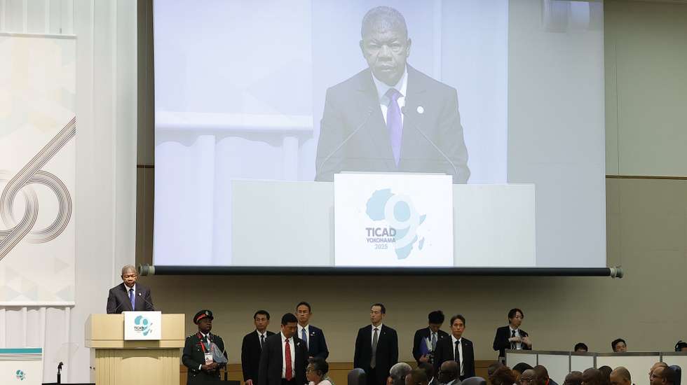 epa12311745 President of Angola Joao Lourenco (L) speaks during the opening ceremony for the Ninth Tokyo International Conference on Africa Development (TICAD IX) at Pacifico Yokohama, near to Tokyo, Japan, 20 August 2025. Some 50 African states and international organisations participate in the three-day TICAD IX.  EPA/Rodrigo Reyes Marin / POOL