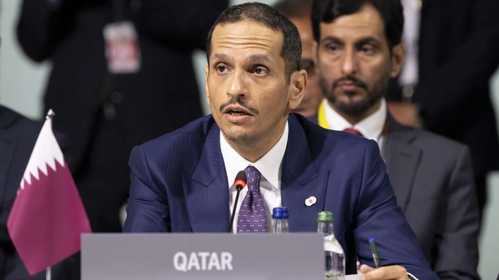 epa11413477 Prime minister Sheikh Mohammed bin Abdulrahman Al Thani of Qatar speaks during the opening plenary session of the Summit on Peace in Ukraine, in Stansstad near Lucerne, Switzerland, 15 June 2024. International heads of state gather on 15 and 16 June at the Buergenstock Resort in central Switzerland for the two-day Summit on Peace in Ukraine.  EPA/URS FLUEELER / POOL                       EDITORIAL USE ONLY  EDITORIAL USE ONLY